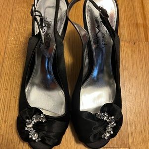Nina Evening Dress Shoes - Black satin peep toe sandal with stones